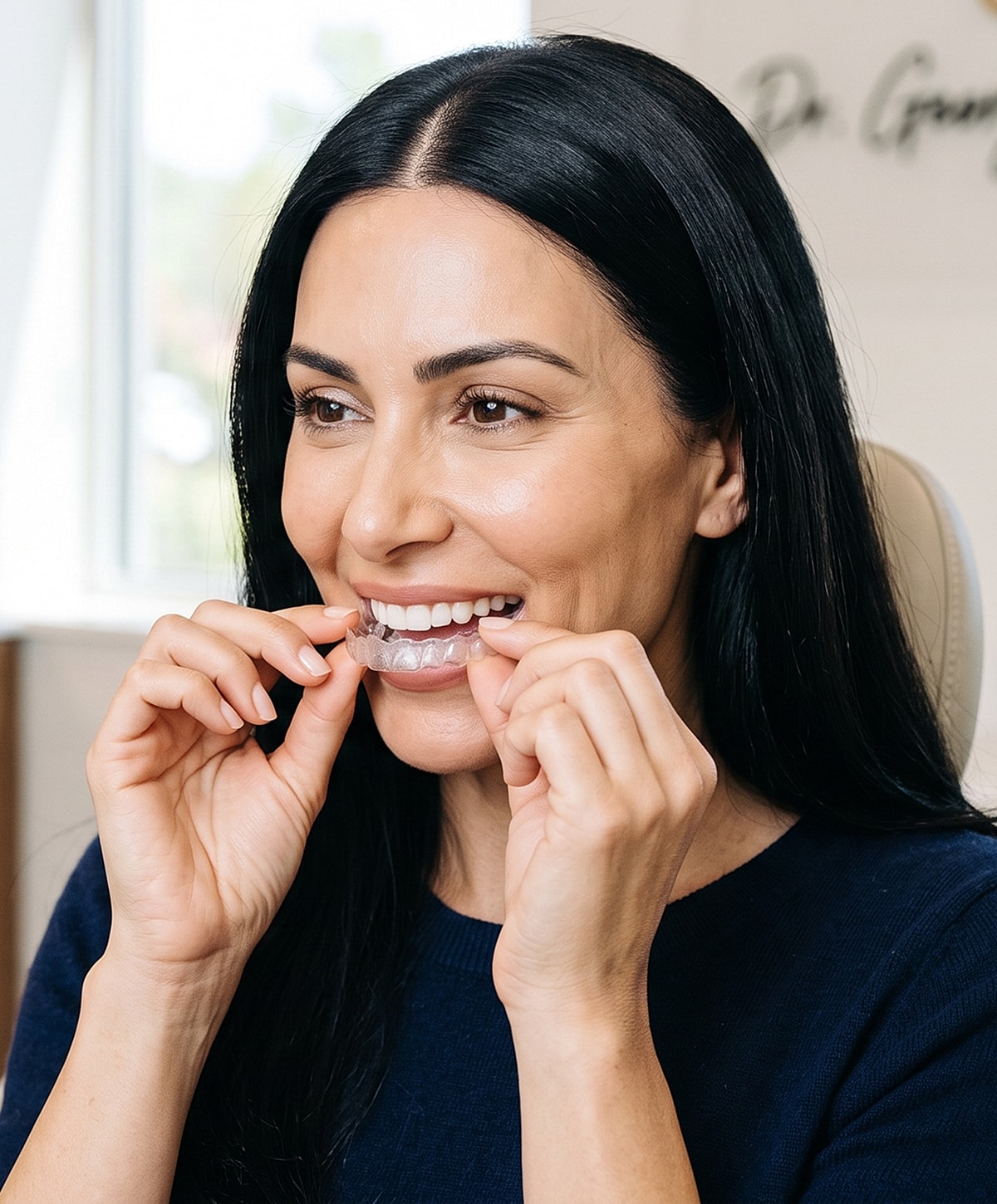 Woman using clear dental aligners at home.