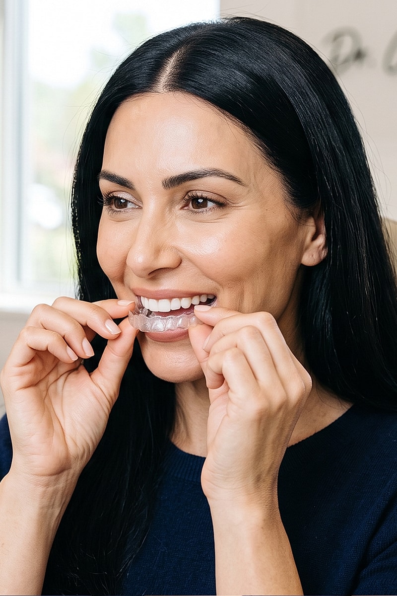 Woman using dental aligner at home.