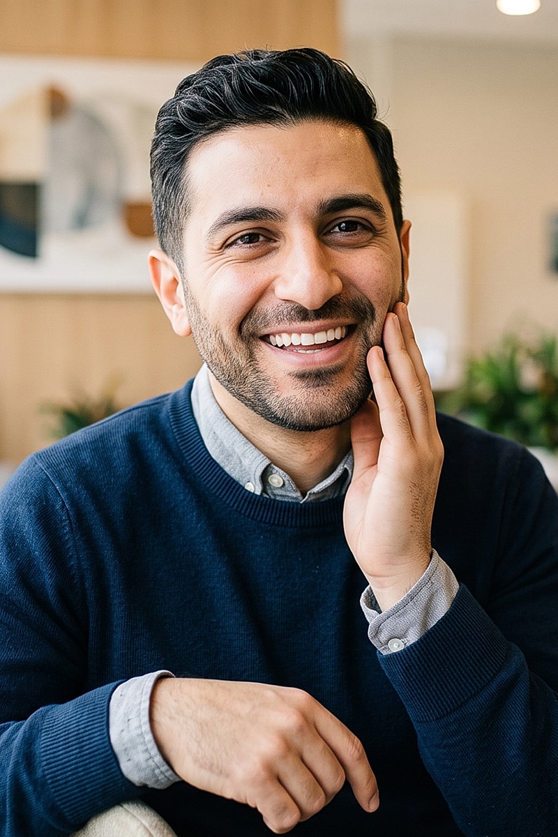 Smiling man in casual attire, indoors.